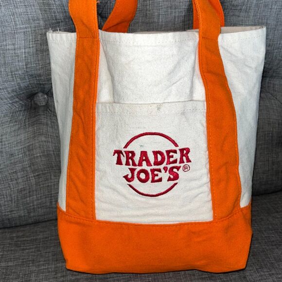 Trader Joe's Mini Canvas Tote Bag Orange Limited Edition Reusable Bag CREW - Picture 3 of 6